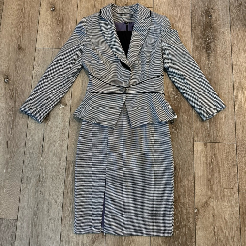 White House Black Market Gray Black Gingham Dress Blazer Matching Set Size 00